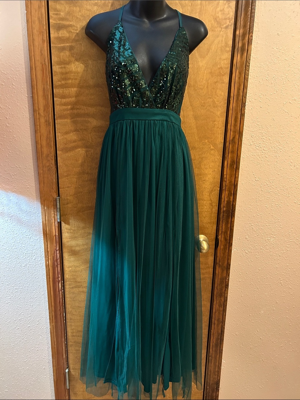Source Unknown Deep Emerald Sequin Tulle Prom Dress